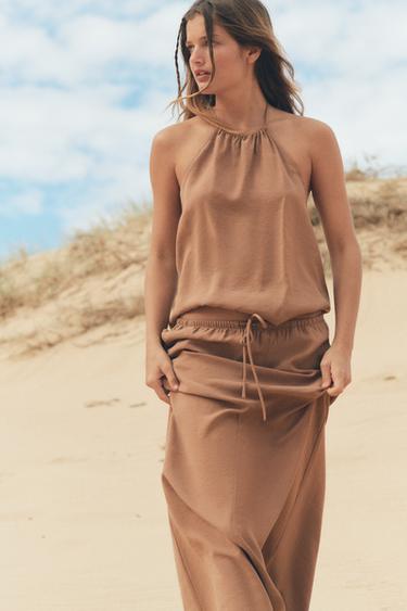 JUPE MI-LONGUE FLUIDE - Marron clair de Zara
