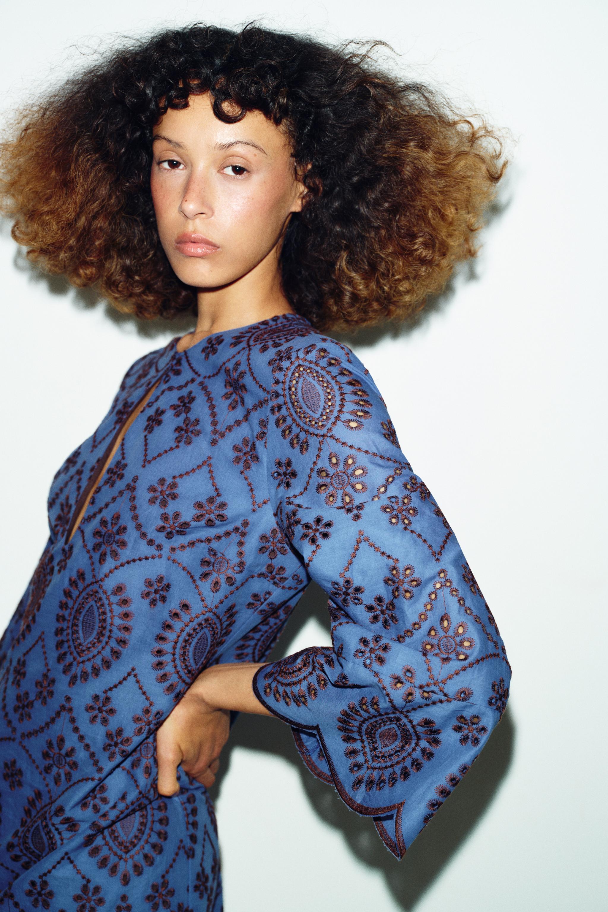 SHORT EMBROIDERED EYELET DRESS - Brown-Blue | ZARA United States SHORT EMBROIDERED EYELET DRESS - Brown-Blue | ZARA United States
