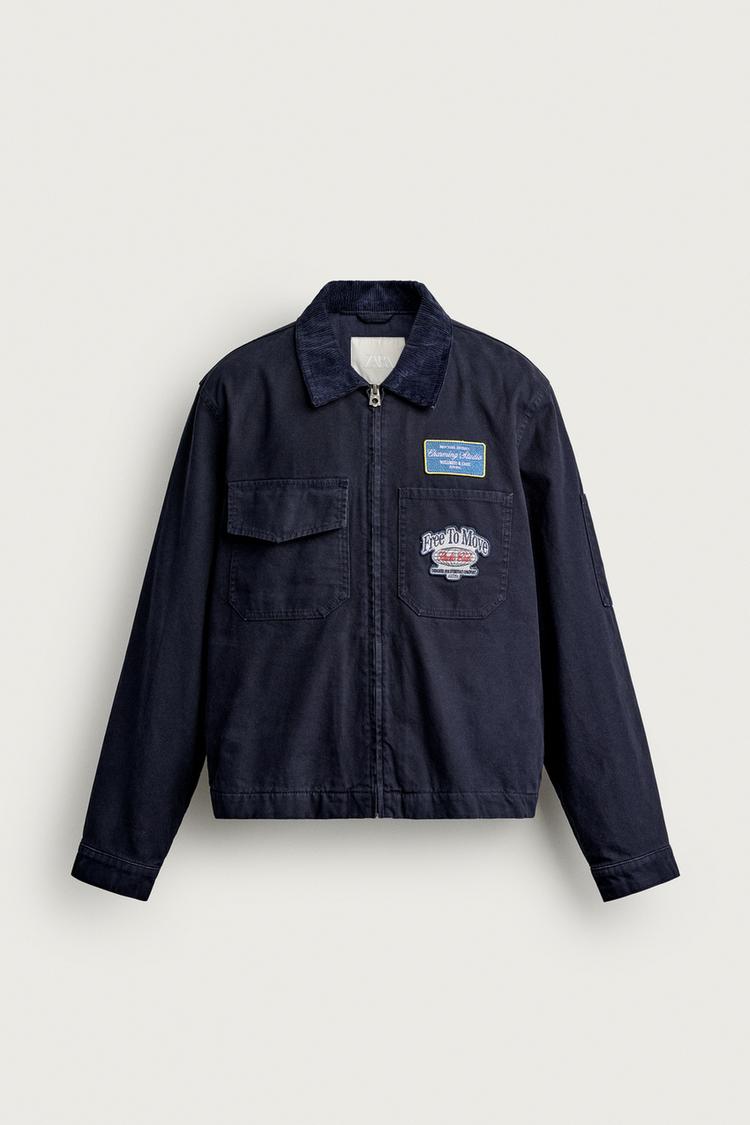 DENIM JACKET WITH PATCHES AND CONTRAST COLLAR