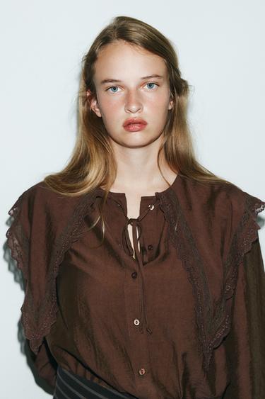 CAMISA FLUIDA CUELLO BOBO - Marrón oscuro de Zara