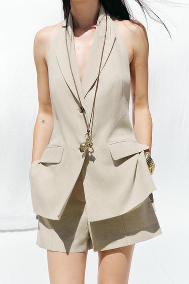 HALTER NECK WAISTCOAT WITH LINEN BLEND - Light beige by Zara