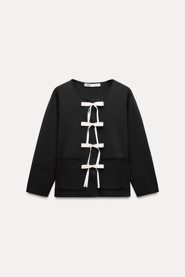 KNIT CARDIGAN WITH BOWS - Black by Zara