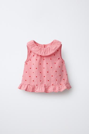 CHECK TOP WITH EMBROIDERED HEARTS - Reddish by Zara