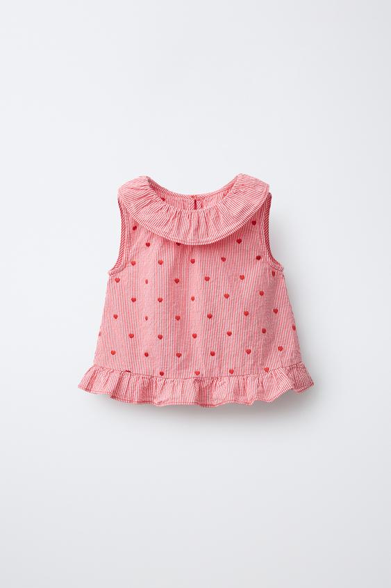 TOP CUADROS CORAZONES BORDADOS - Rojizo de Zara - Imagen 0