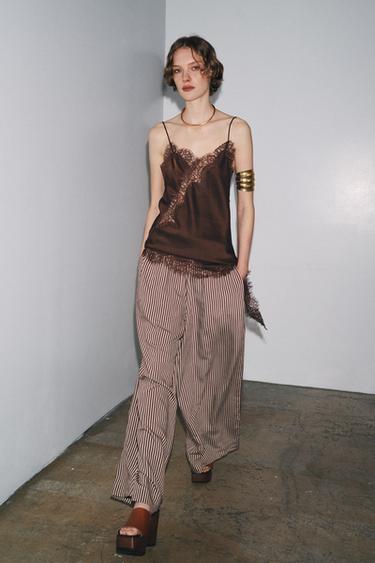 ZW COLLECTION STRIPED FLOWING TROUSERS - Ecru / Maroon by Zara