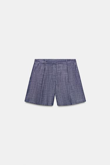 Zara HIGH-WAISTED PLEATED SHORTS - Indigo