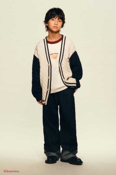 CABLE-KNIT CARDIGAN WITH BUTTERBEAR © EMBROIDERY - Dark navy by Zara