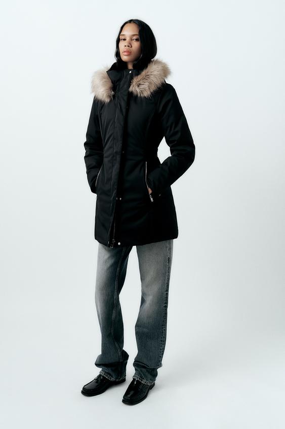 Closure London Womens Cropped Fur Hooded Puffer Jacket, Black / Light Fur