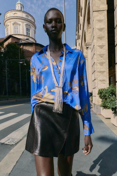 FLORAL PRINT SATIN SHIRT - Sand / Blue by Zara - Image 0