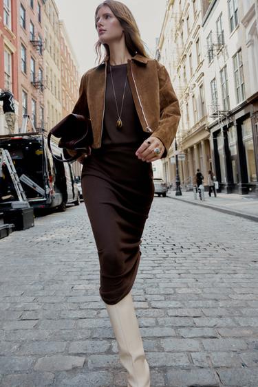 Zara CUT-OUT KNIT MIDI SKIRT - Dark brown - Image 0