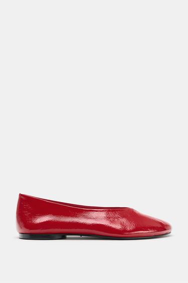 LEATHER V-CUT BALLET FLATS - Red by Zara