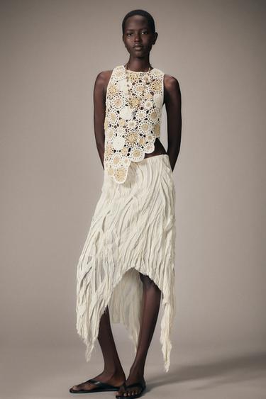 Zara ZW COLLECTION ASYMMETRIC PLEATED SKIRT - Ecru