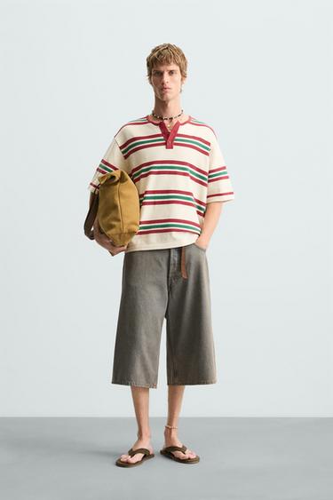 CAMISETA PUNTO RELIEVE RAYAS - Rojo de Zara - Imagen 0