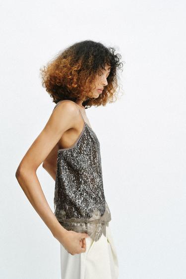 TOP À BRETELLES PAILLETTES ZW COLLECTION - Argent foncé de Zara - Image 4