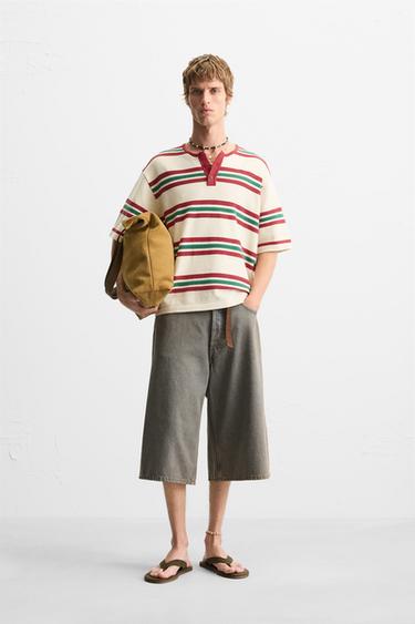 Zara MAJICA OD TEKSTURISANOG PLETIVA SA PRUGAMA – Crvena – Slika 0