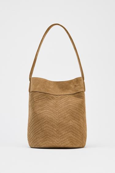 Zara LEATHER BRAIDED MAXI BUCKET BAG - Brown