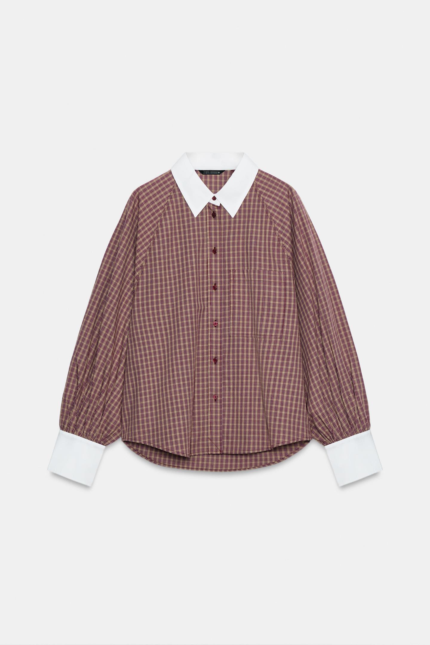 Женская рубашка Zara Combined Check, цвет: Тёмно-бордовый — фото 7