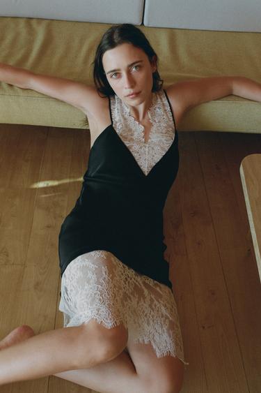 SATIN DRESS WITH CONTRAST LACE - Black by Zara - Image 1