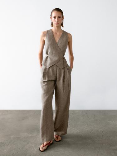 Zara 100% linen trousers with double darts - Beige - Image 0