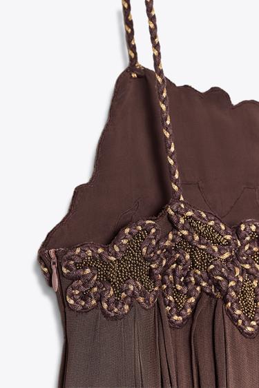 Zara EMBROIDERED LONG DRESS ZW COLLECTION - Brown