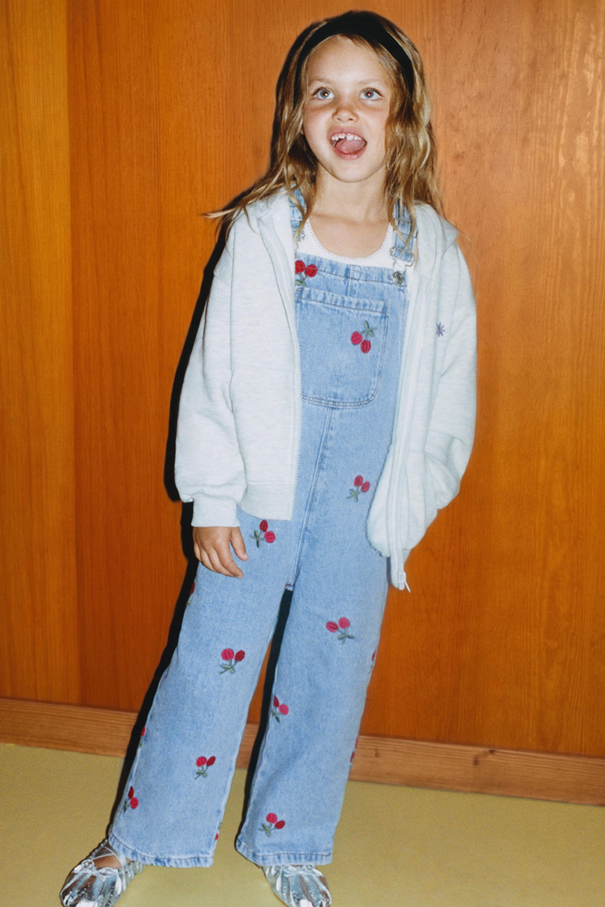 EMBROIDERED CHERRY DENIM OVERALLS — Blue