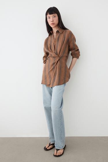 Zara 100% linen striped crossover shirt - Brown