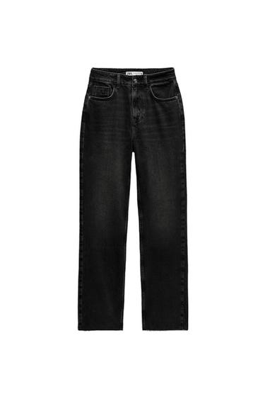 Front view of black jeans with front pockets and visible button.
