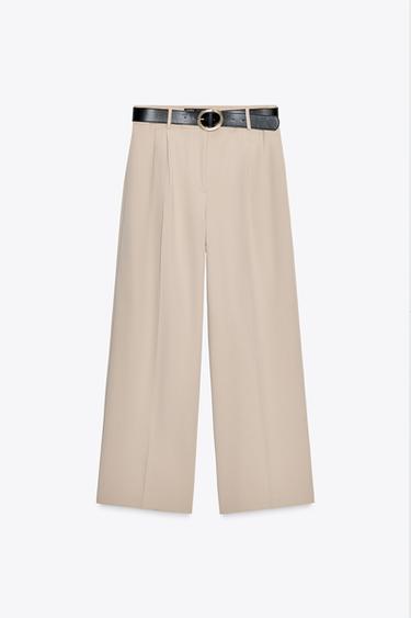 PANTALÓN ANCHO PINZAS CINTURÓN - Tostado de Zara