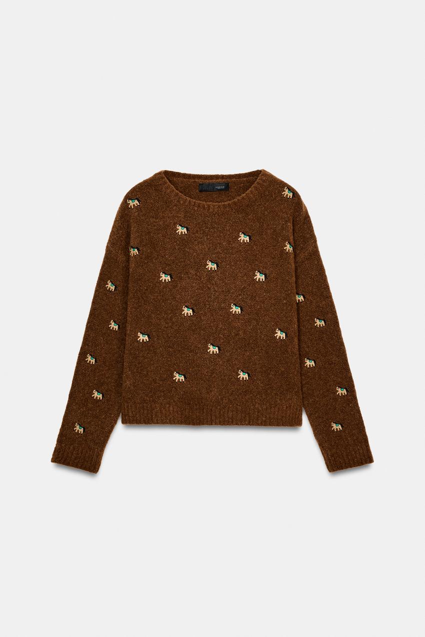 刺繍ニットセーター - ブラウン | ZARA Japan / 日本
