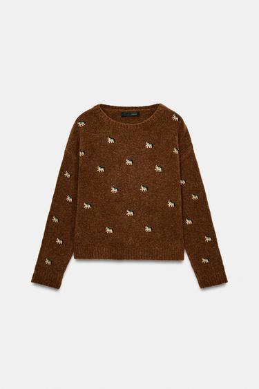 刺繍ニットセーターブラウンZaraの刺繍ニットセーター - ブラウン