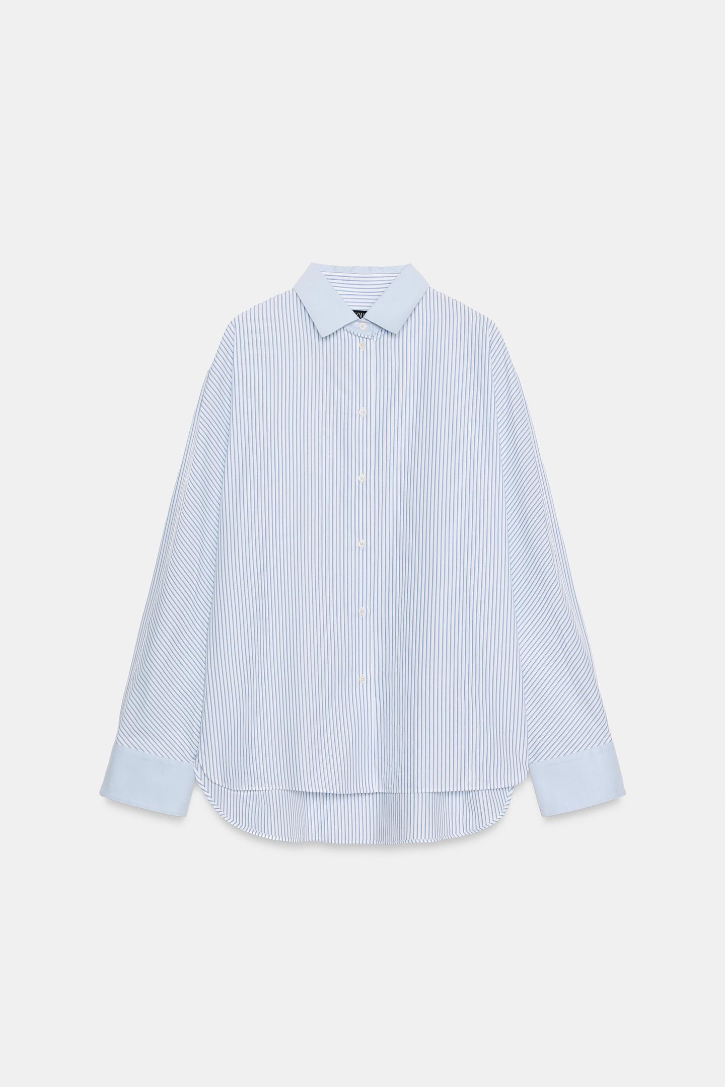 Женская рубашка Zara ZW Collection Contrast Striped Oxford, цвет: Синий — фото 4