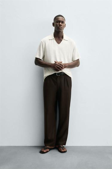 Zara HEMP VISCOSE BLEND KNIT POLO SHIRT - Ecru