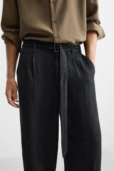 PANTALON 100 % LIN CEINTURE - Noir de Zara - Image 4