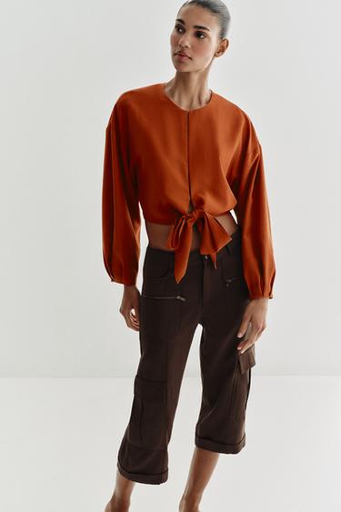 УКОРОЧЕННЫЙ ТОП С БАНТОМ — ЧЕРЕПИЧНЫЙ от Zara