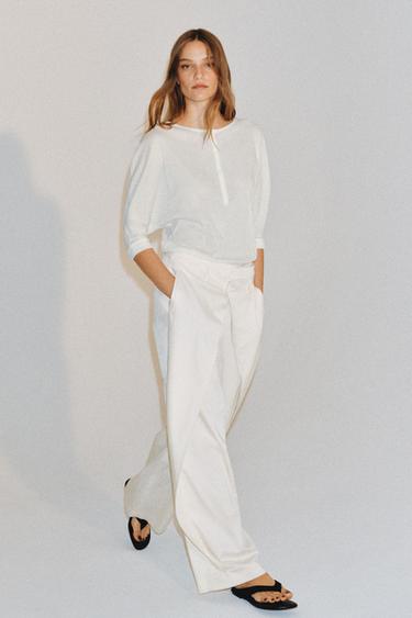 T-SHIRT COL TUNISIEN EN COTON - Blanc de Zara - Image 4