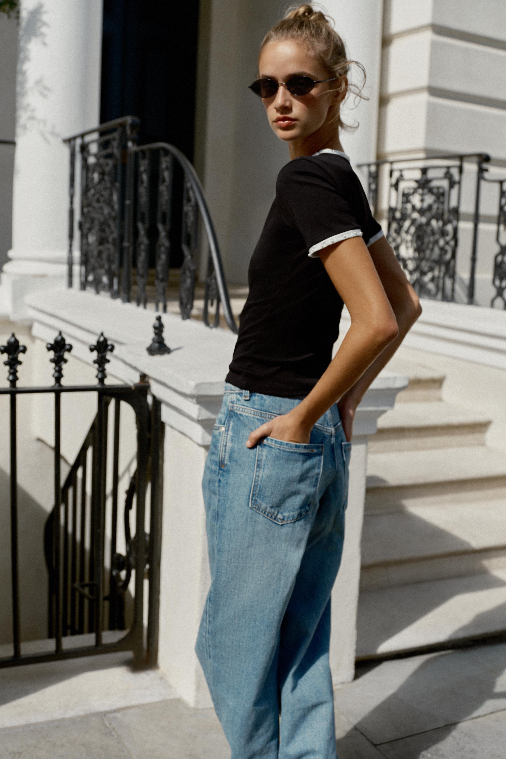 Женские футболки Zara CONTRAST PEARL T-SHIRT — фото 3