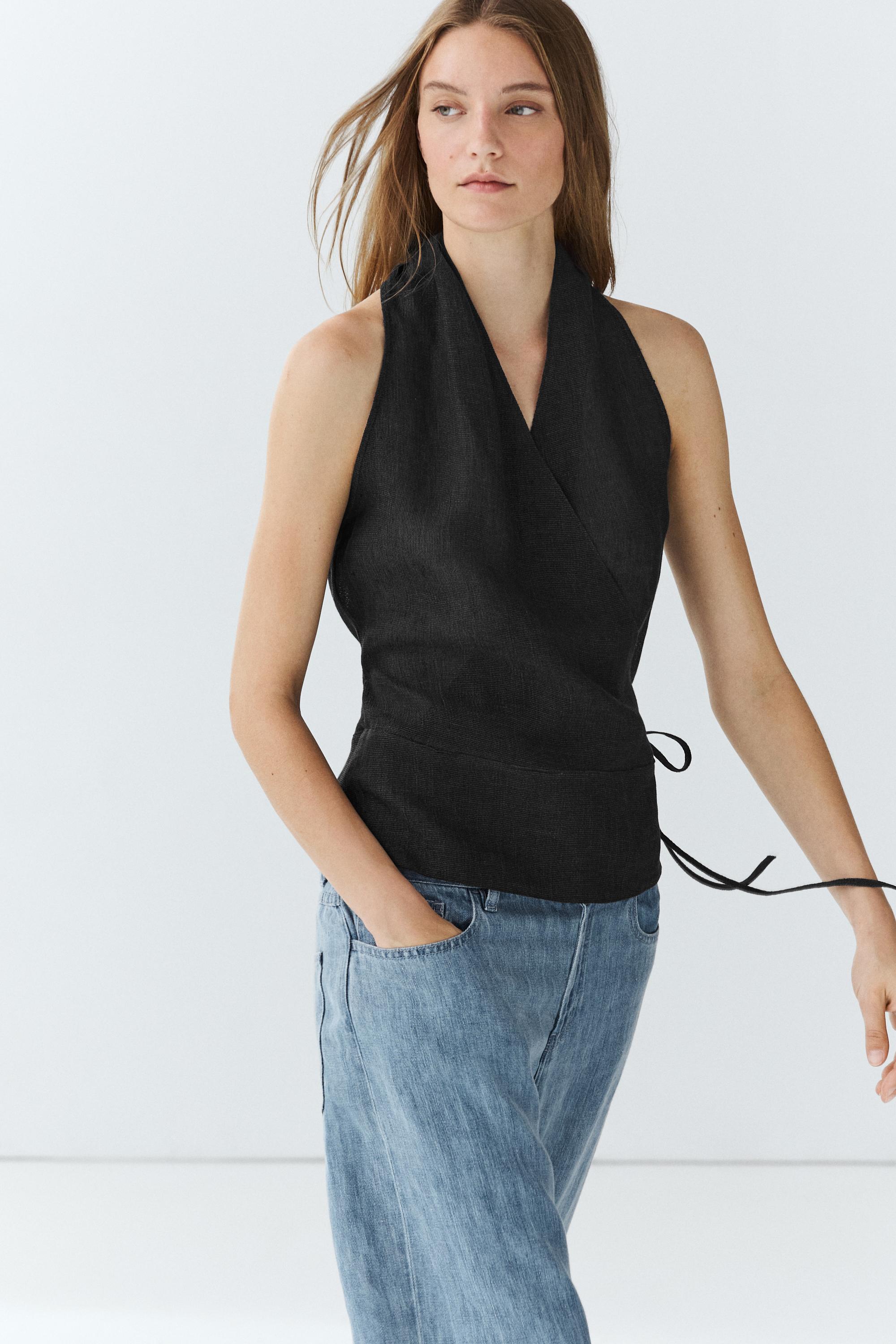 100% linen crossover halter top — Pastel blue