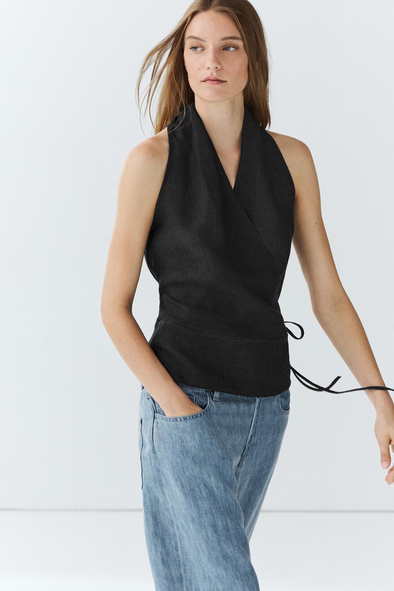 100% linen crossover halter top — Pastel blue