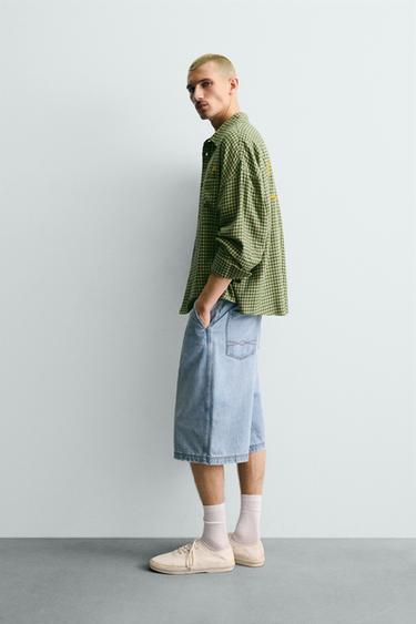 CHEMISE À CARREAUX EN FLANELLE BRODÉE - Blanc / Vert de Zara - Image 4
