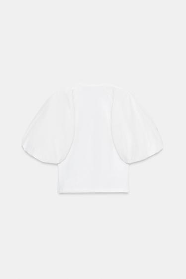 T-SHIRT EN MATIÈRES VARIÉES À MANCHES BOUFFANTES - Blanc de Zara - Image 5