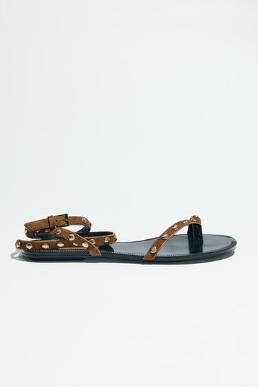 LEATHER STUDDED STRAPPY SANDALS - Brown by Zara