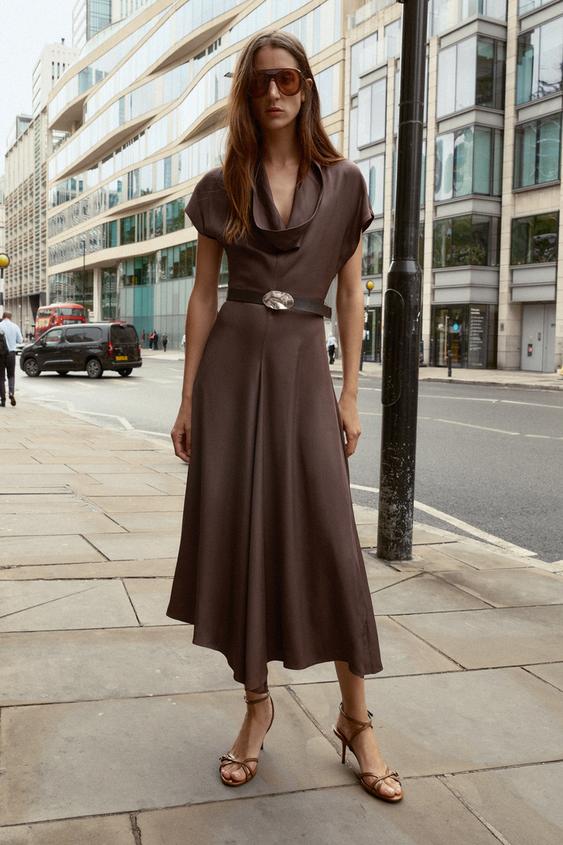BELTED DRAPED NECK MIDI DRESS