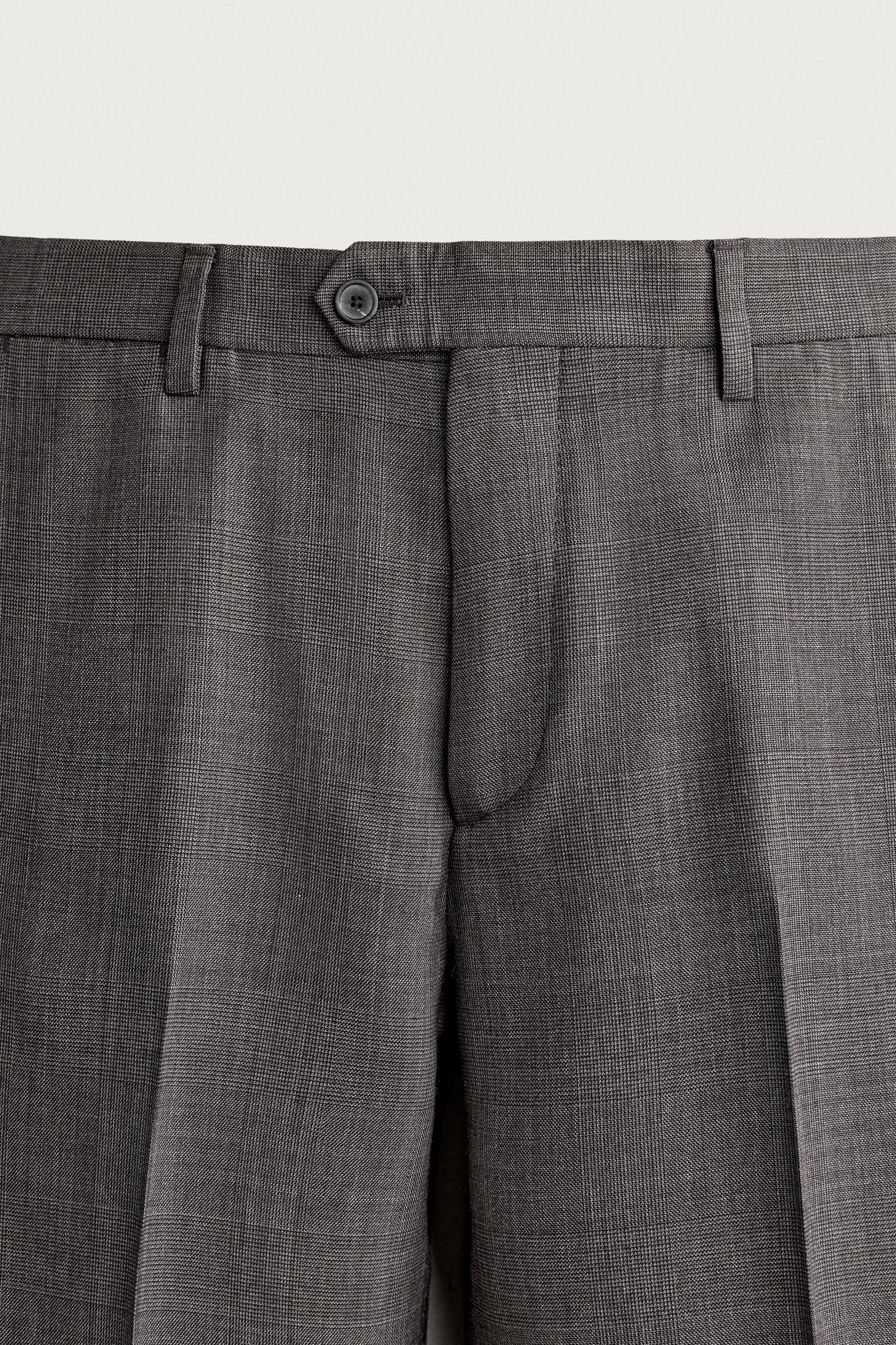 WOOL-BLEND PLAID PLEATED SUIT PANTS