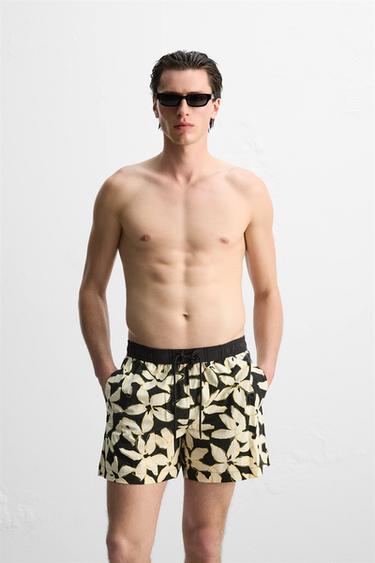 LONG FLORAL PRINT SWIMMING TRUNKS - Black by Zara - Image 3