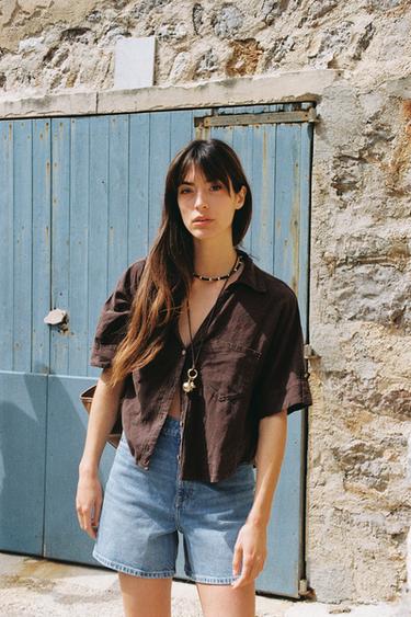 CROPPED LINEN BLEND SHIRT - Brown by Zara