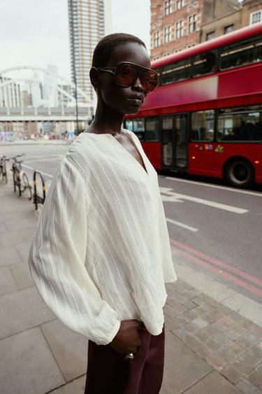 Zara RUSTIC STRIPED BLOUSE - Ecru