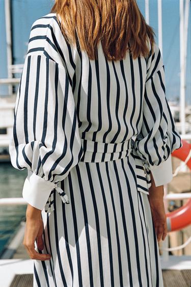 STRIPED MIDI DRESS WITH BELT - Navy / White by Zara - Image 3