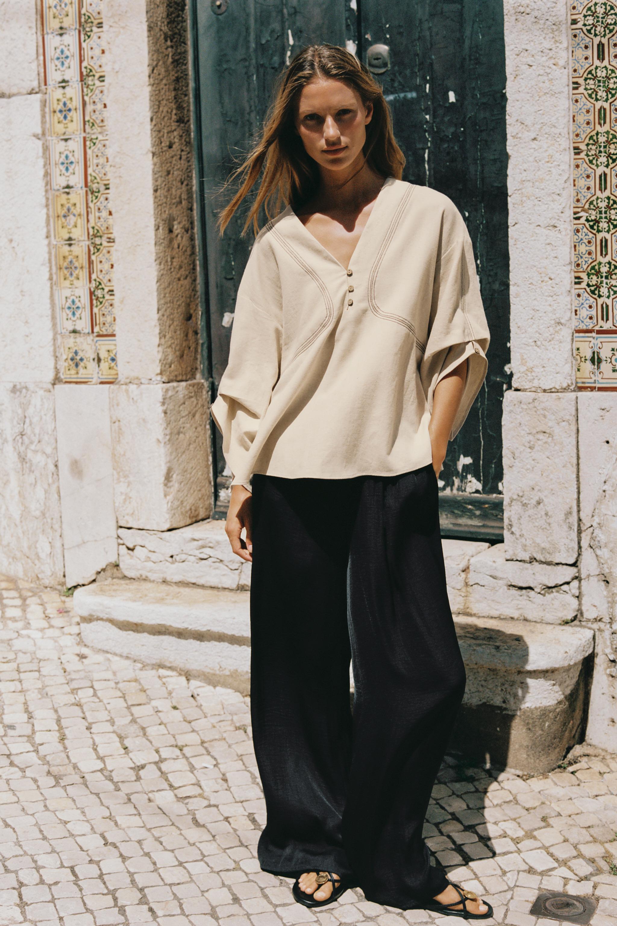 Женские рубашки Zara CONTRAST STITCH LINEN OVERSIZED SHIRT