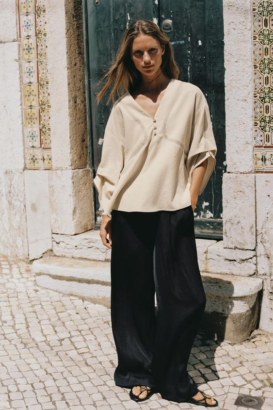 CAMISA OVERSIZE CON LINO PESPUNTES CONTRASTE - Beige claro de Zara - Imagen 0