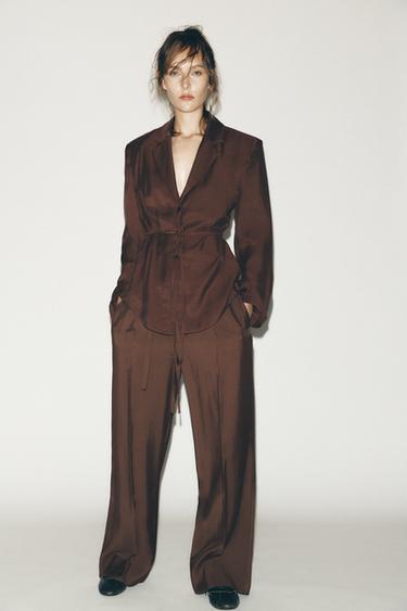 Zara PLEATED BELTED PANTS - Chocolate brown